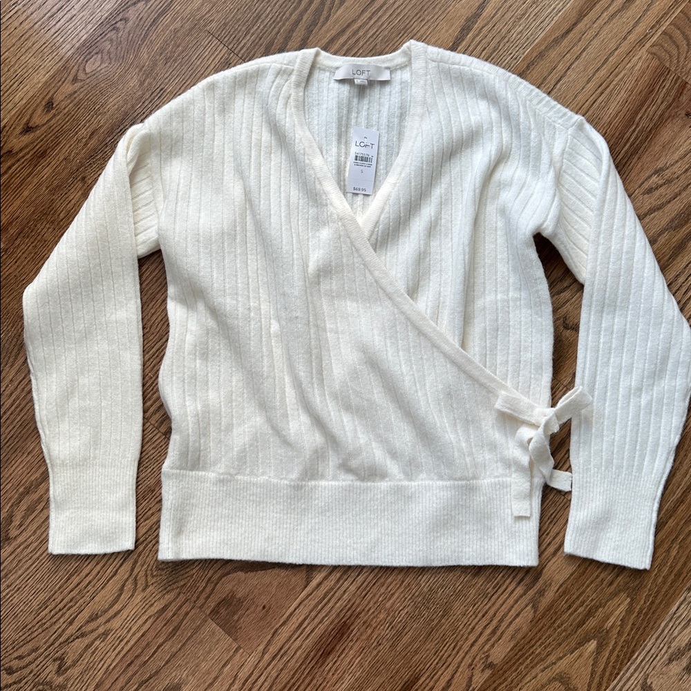 LOFT Cream Ribbed Wrap Sweater